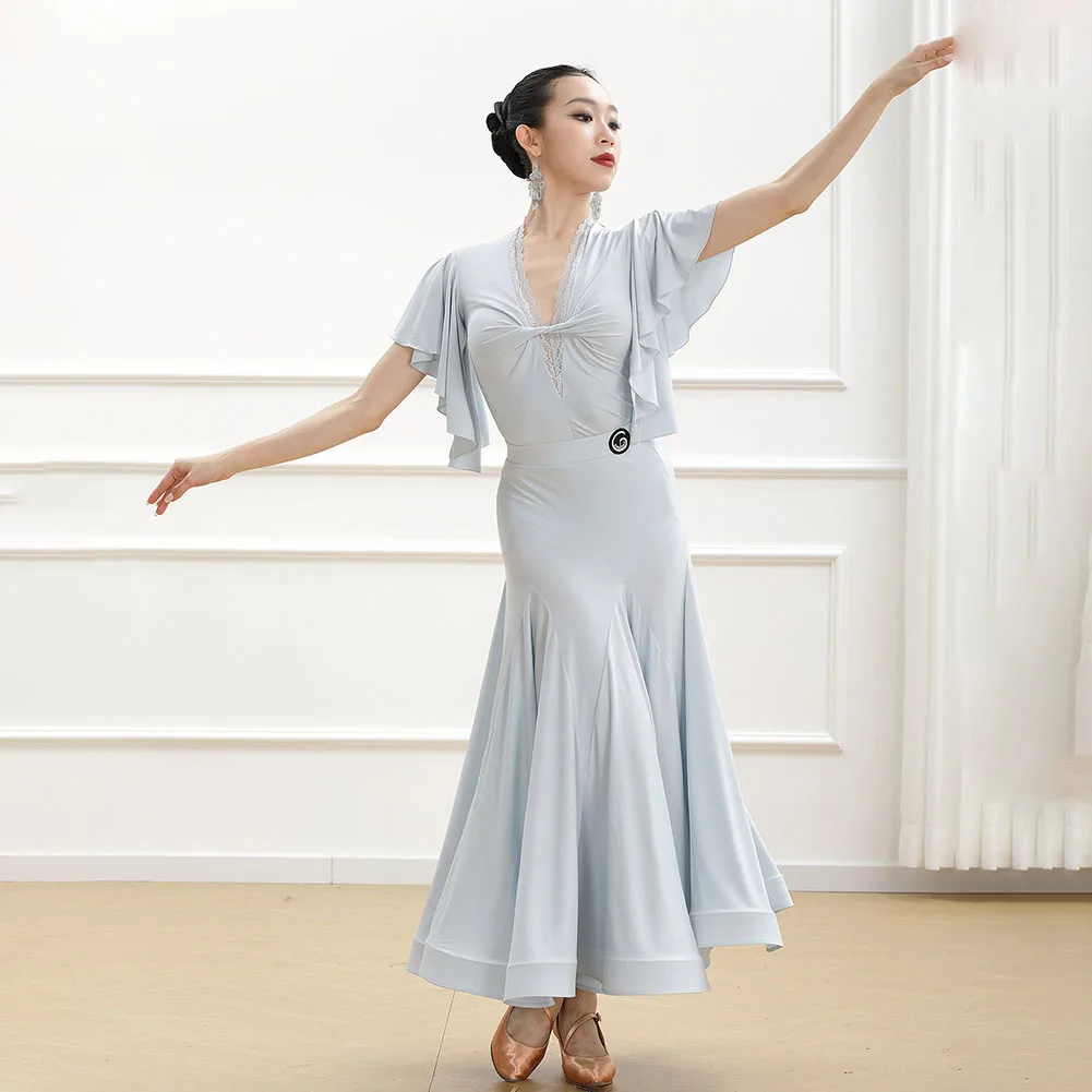 Ruffle Short Sleeve Lace V Neck Bodysuit Swing Skirt Set Women Ballroom Dance Outfit Modern Waltz Practice Wear Black Blue Taupe