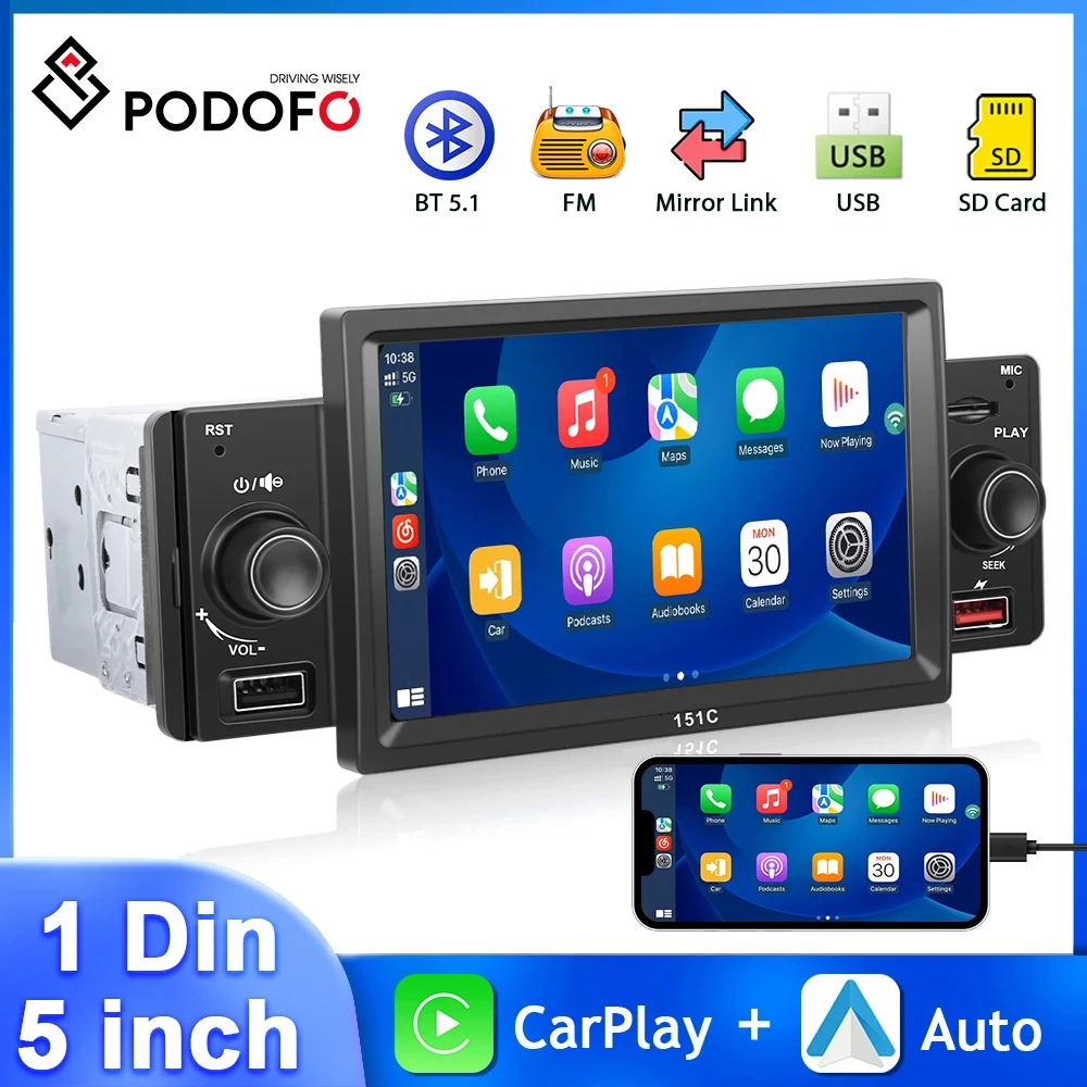 

Podofo 5Inch 1Din Car Radio Universal MP5 Automotive Multimedia Carplay Android Auto Mirror Link with MIC Support Rear Camera