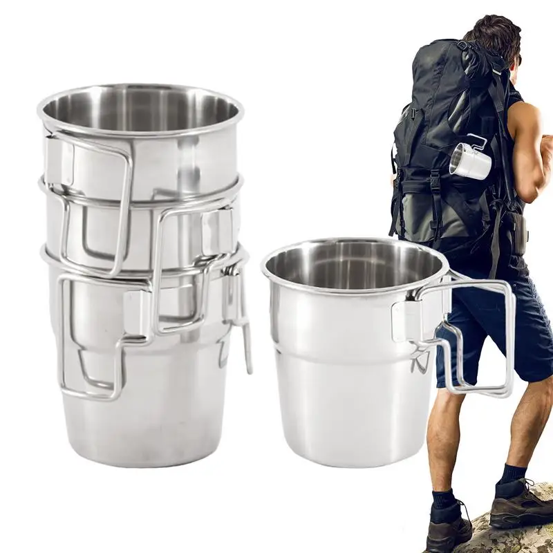 

Backpacking Mug 4X 300ml Backpacking Cup Stainless Steel Mugs Backpacking Coffee Cup Metal Camping Mug With Folding Handle