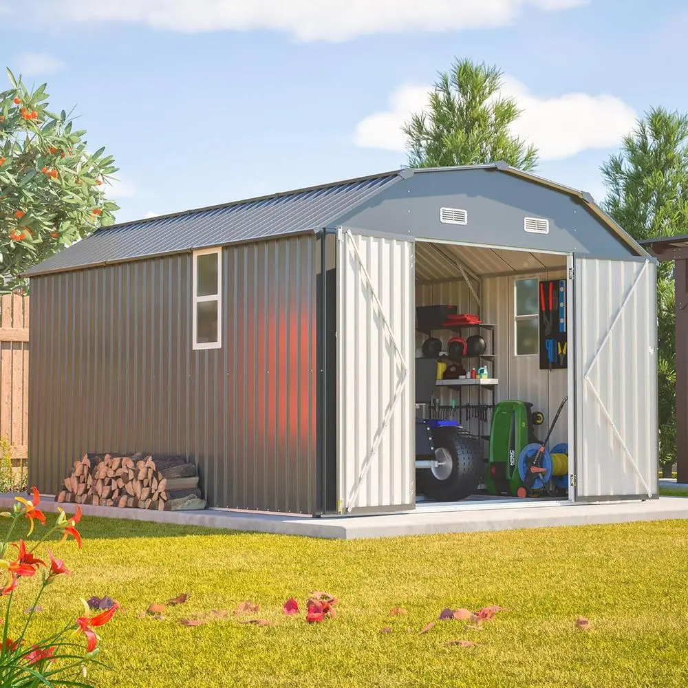 

10x12 Heavy-Duty Galvanized Steel Outdoor Shed with Floor, Diamond Roof, 4 Vents, and Lockable for Garden Tools