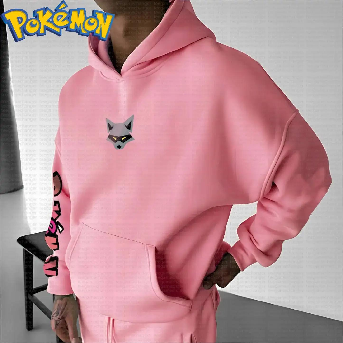 Pokemon anime lucario algodão moletom com capuz harajuku calças conjunto rosa preto cinza personagem impressão com efeito relâmpago amarelo duas peças