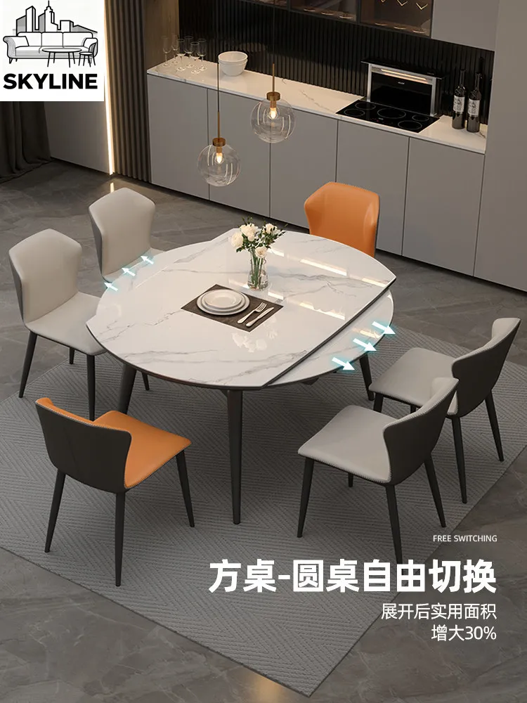 White wax solid wood rock slab full support baseplate square and retractable dual-purpose simple folding dining table