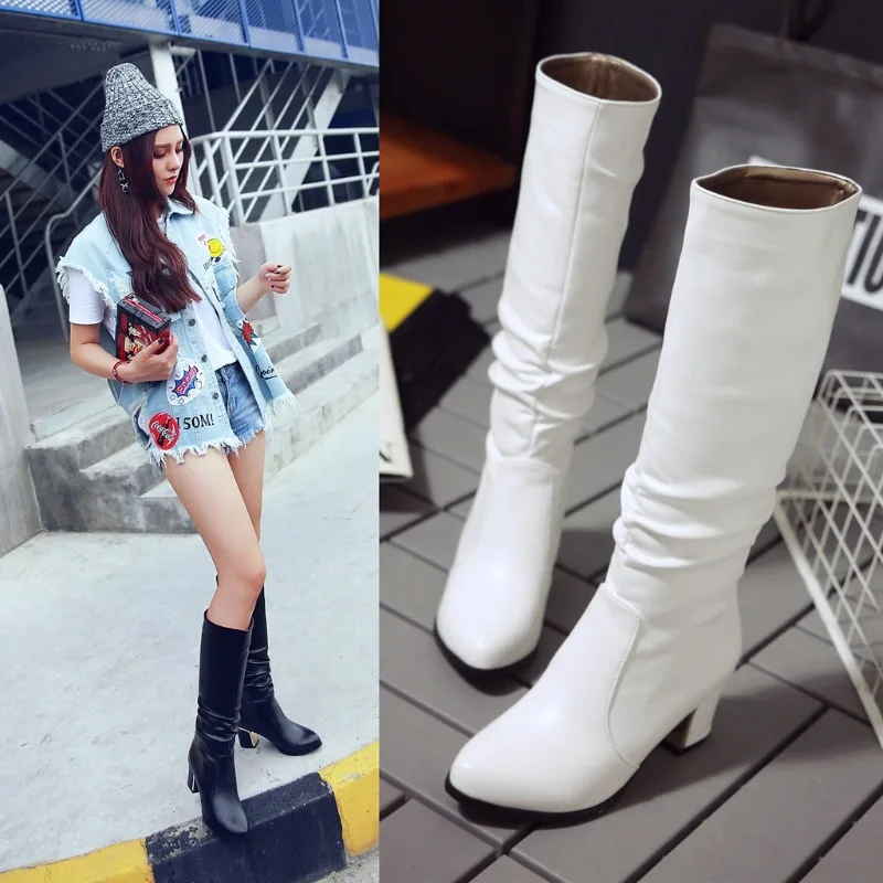 5.5CM White Motorcycle Knee Boots Leather Comfortable Coarse Following Round Toe Slip on Women Boots Minimalist Warm Shoe Winter