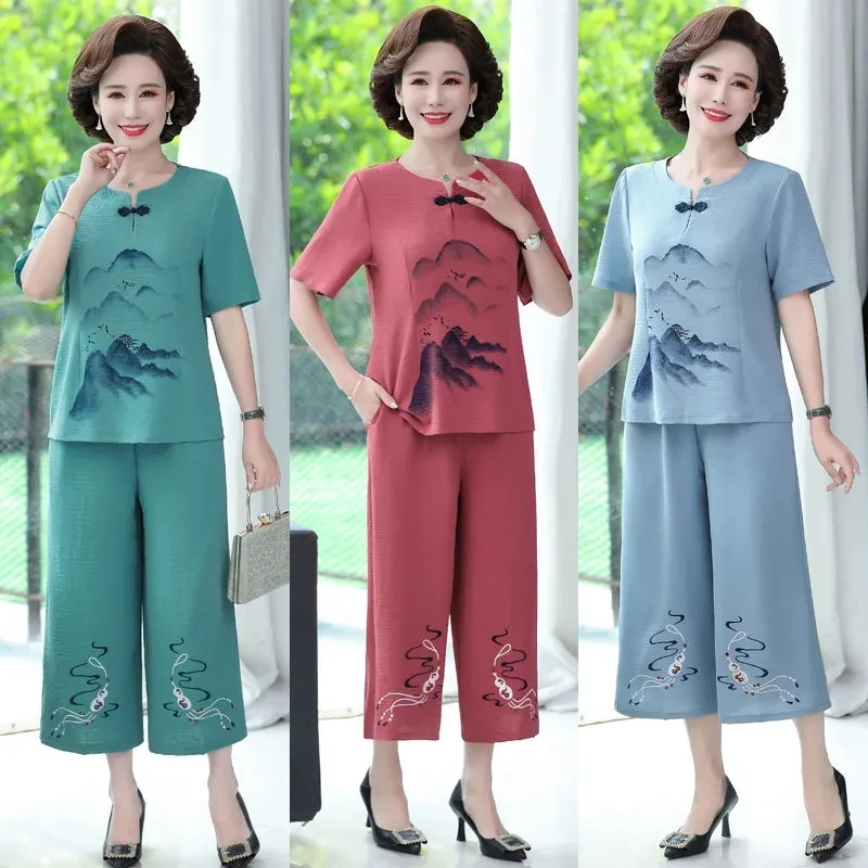 Middle Aged Elderly Mothers Cotton Linen Short Sleeved T-shirt Pants Set Summer Grandma Costume Thin Short Sleeved T-shirt Suit