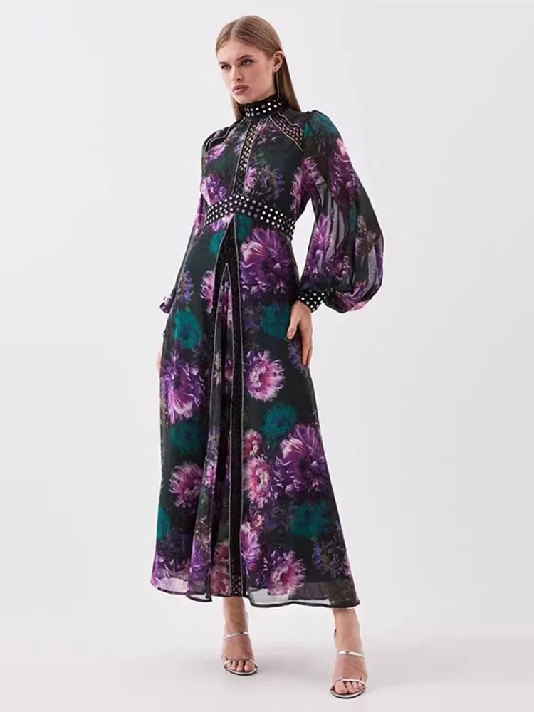 

High Quality Lace Splicing Rivet Dresses Spring Women Lantern Sleeve Stand Collar Long Dress Autumn High Waist Knee Length Dress