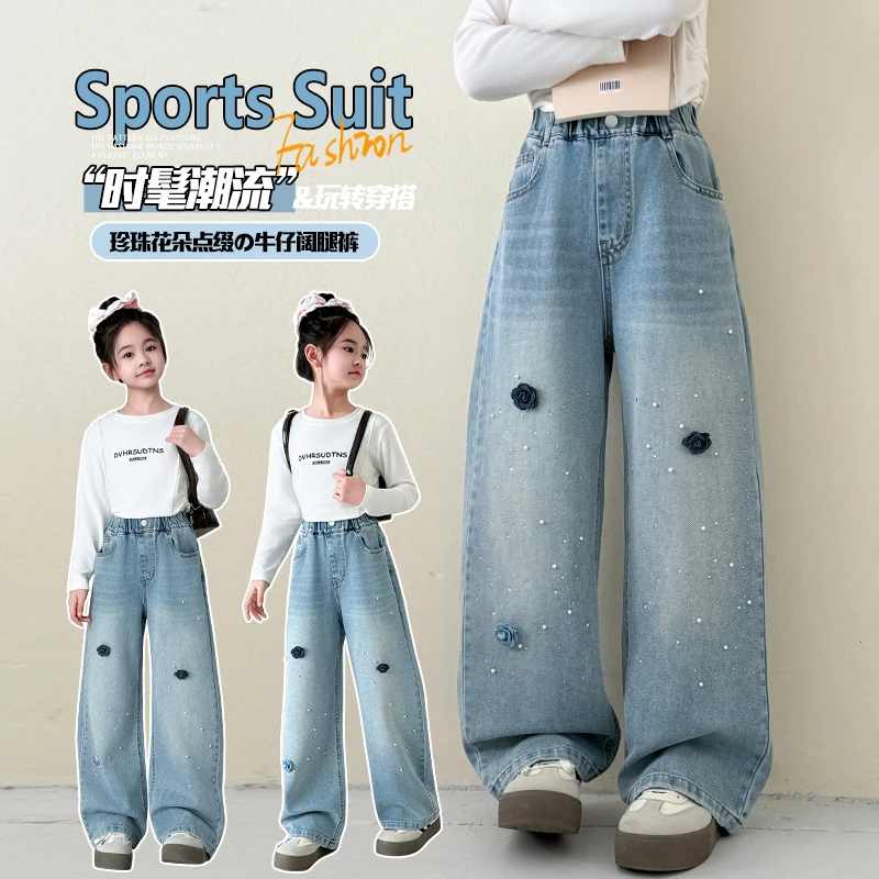 

Children Spring Autumn Denim Pants Fashion Kids Straight Trousers With Floral Decoration Tween Girls Daily Loose Wide Blue Jeans