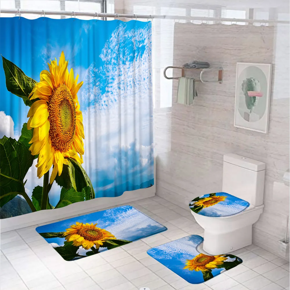 

Sunflower Floral Shower Curtain Set Sunlight Blue Sky White Cloud Field Bathroom Curtains Non-Slip Bath Mat Rug Lid Toilet Cover