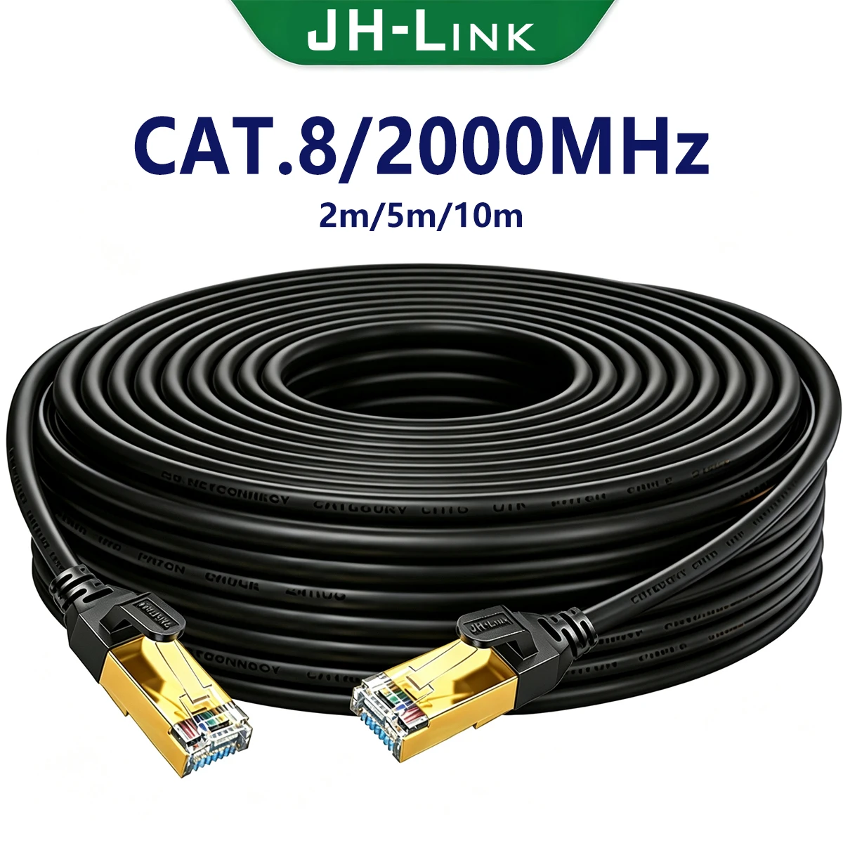 JH‑LINK Cat8 Ethernet Cable 40Gbps 2000MHz RJ45 Metal Shielded LAN Patch Cord 3U Gold‑Plated 26AWG for Gaming Router PC TV Modem