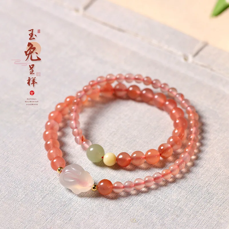 

Ice Floating Double Circle Splicing Design Versatile Lychee Jelly Little Jade Rabbit Chinese Style Southern Red Bracelet For Han