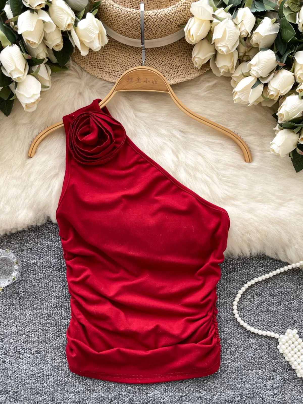 Sweet Spicy Girl Women's Retro Sexy 3D Flower Tightened Pleated Slim Fit Shoulder Oblique Sleeveless Vest Underwear Top