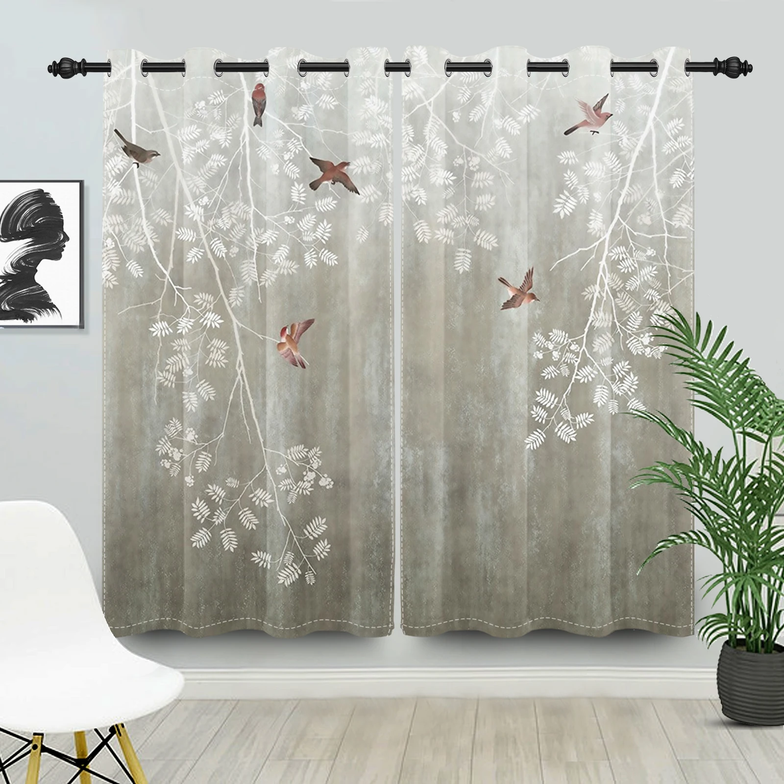 2pcs/set Chinese Style Window Curtains Flower Birds Tree Nature Pattern Blackout Curtain Home living room Decor Interior Curtain