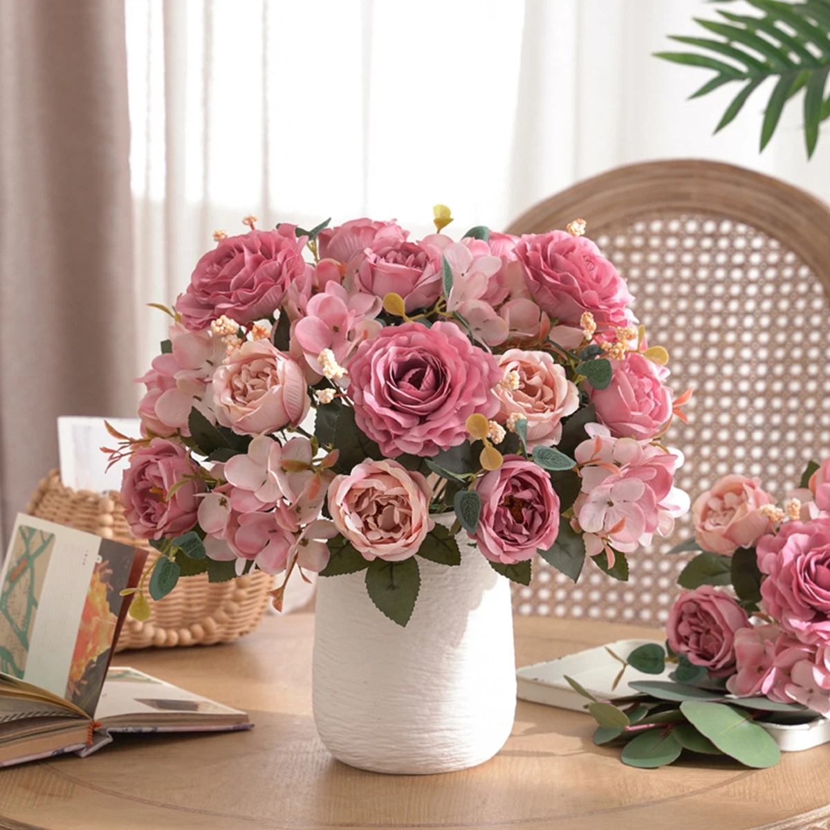 1/4 Stück Künstliche Blumen Seidenrosen Brautstrauß Hortensien Pfingstrosen Künstliche Pflanzen für Heim Hochzeit Dekoration DIY Geschenkbox