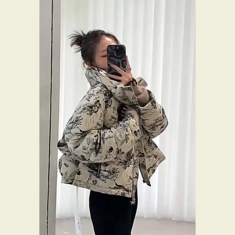 Short Thick Guofeng Cotton Jacket Women's Clothing New Printed Outerwear Loose Casual Fashion Collar Windproof Coats Winter 2025