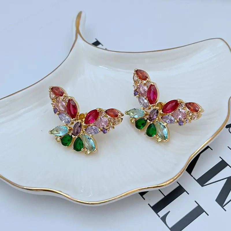 

Boho New Fashion Pastoral Style Fresh and Cute Inlaid with Colorful Super Flash Zircon Agile Butterfly Shape Metal Stud Earrings