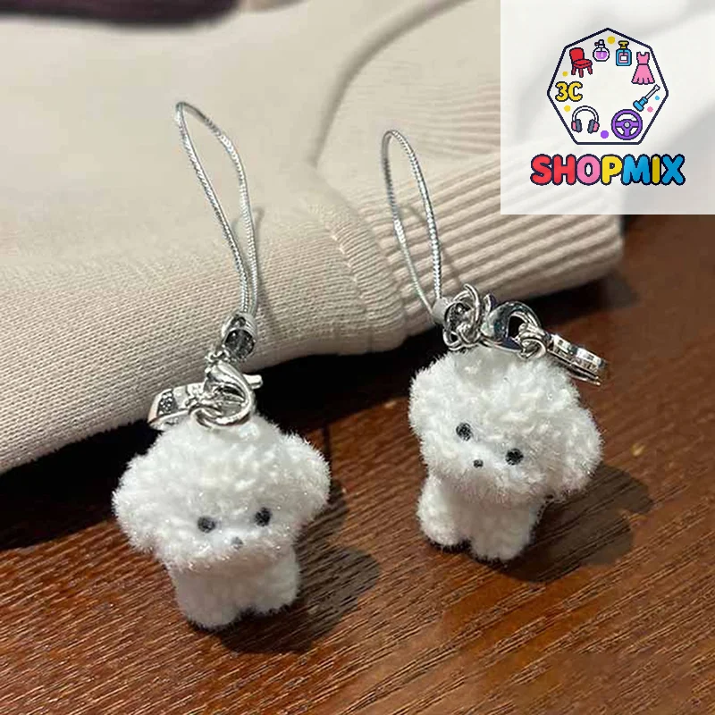 Flocked Resin Dog Puppy Keychain 3D Little Plush Animal Pendant Backpack Car Keyrings Charms Hangs