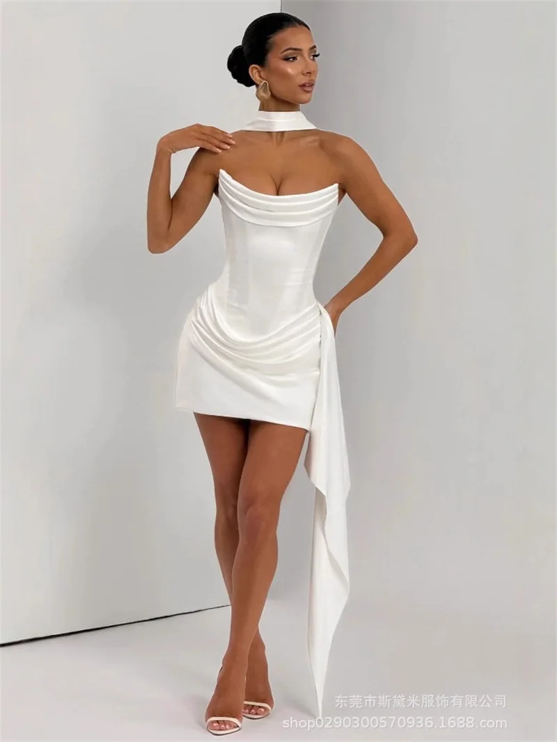 

White Women's Prom Dress With Scarf Sexy Deep Strapless Sleeveless Formal Casual Beach Holiday Sheath Slim Short Mini Party Gown