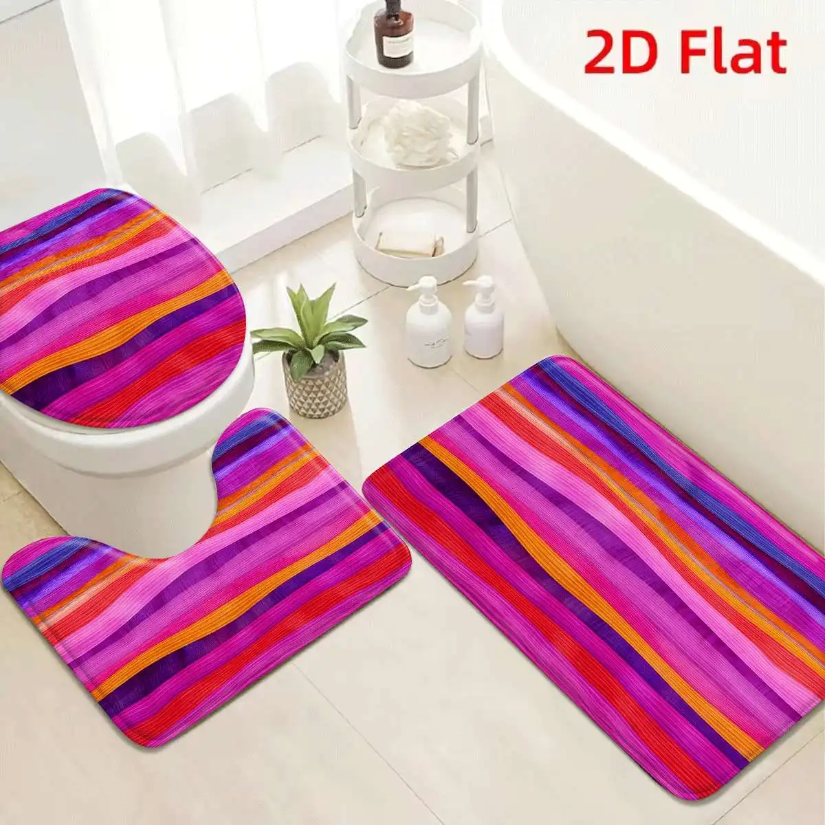 

3Pcs Vibrant Wave Stripe Bath Mat Non Slip Absorbent Toilet Rug with Lid Cover for Bathroom Washable Flannel Multicolor Base