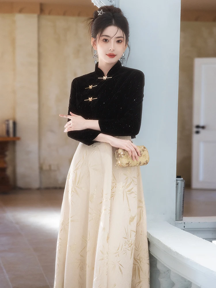 

Bla New Chinese Sle Set Annual Dinner Host Evening Gown Autumn Winter A-Line Skirt Formal Wear for Women