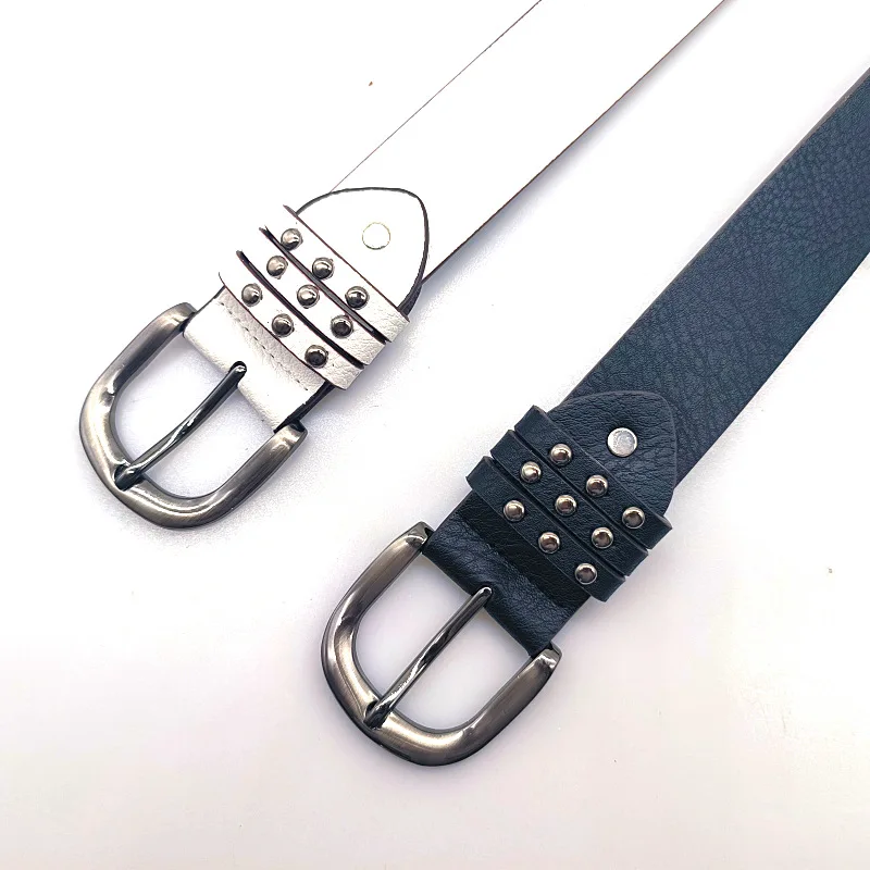 Studded Leather Belt with D Buckle Punk Waist Belts for Women Luxury Blue Belt Fashion Cool White Belt Strap Cloth Accessory