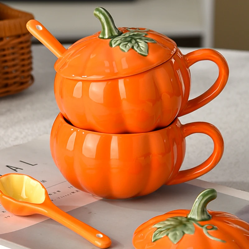 Creative Ceramic Pumpkin Cup Ins Color Blocking Versatile Soup Cups With Lidded Spoon Household Microwave Heatable Mug