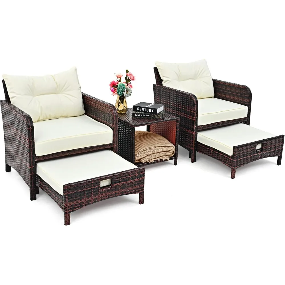 5 Pieces Wicker Patio Furniture Set Outdoor Patio Chairs with Ottomans Conversation Furniture with coffetable