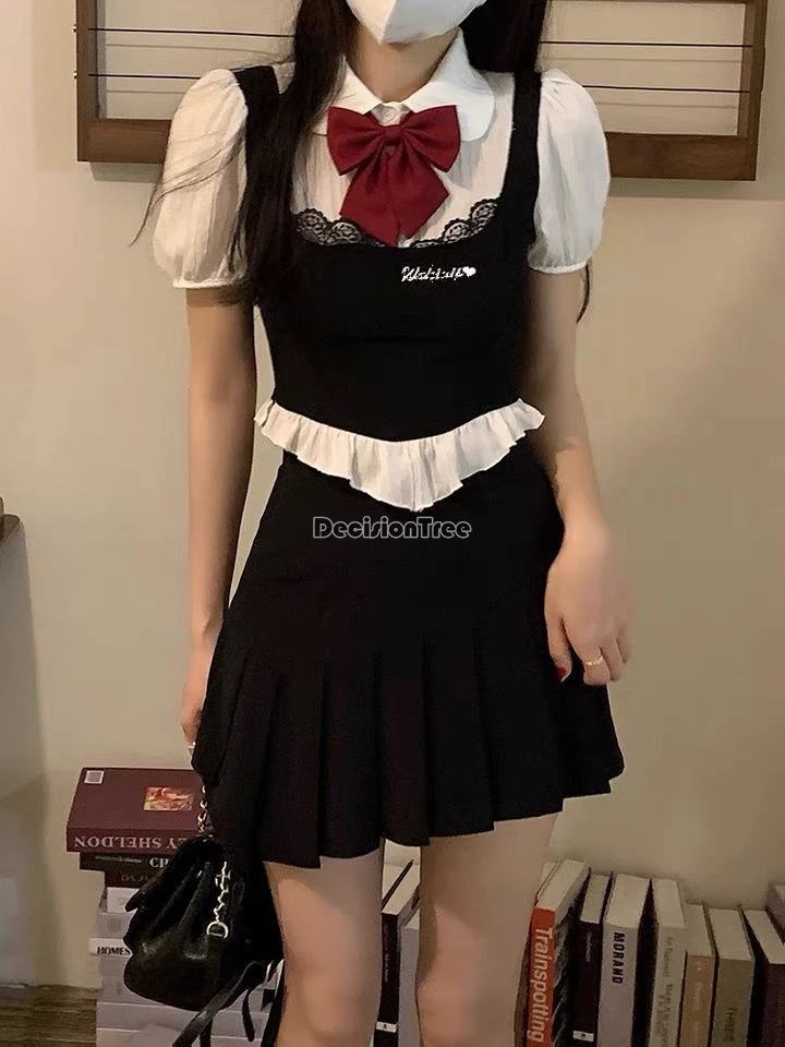 2024 jk academy style sweet hot girl fashionable uniform flounce lace patchwork top high waist a-line pleated skirt 2-piece set