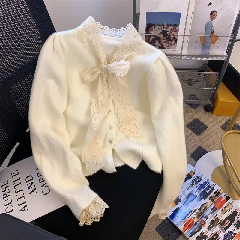 French Autumn Winter Lady Graceful Lace Bowknot Pathwork Sweater Cardigan Lady Sweet Pink Knitted Bottoming Tops New Knitwear