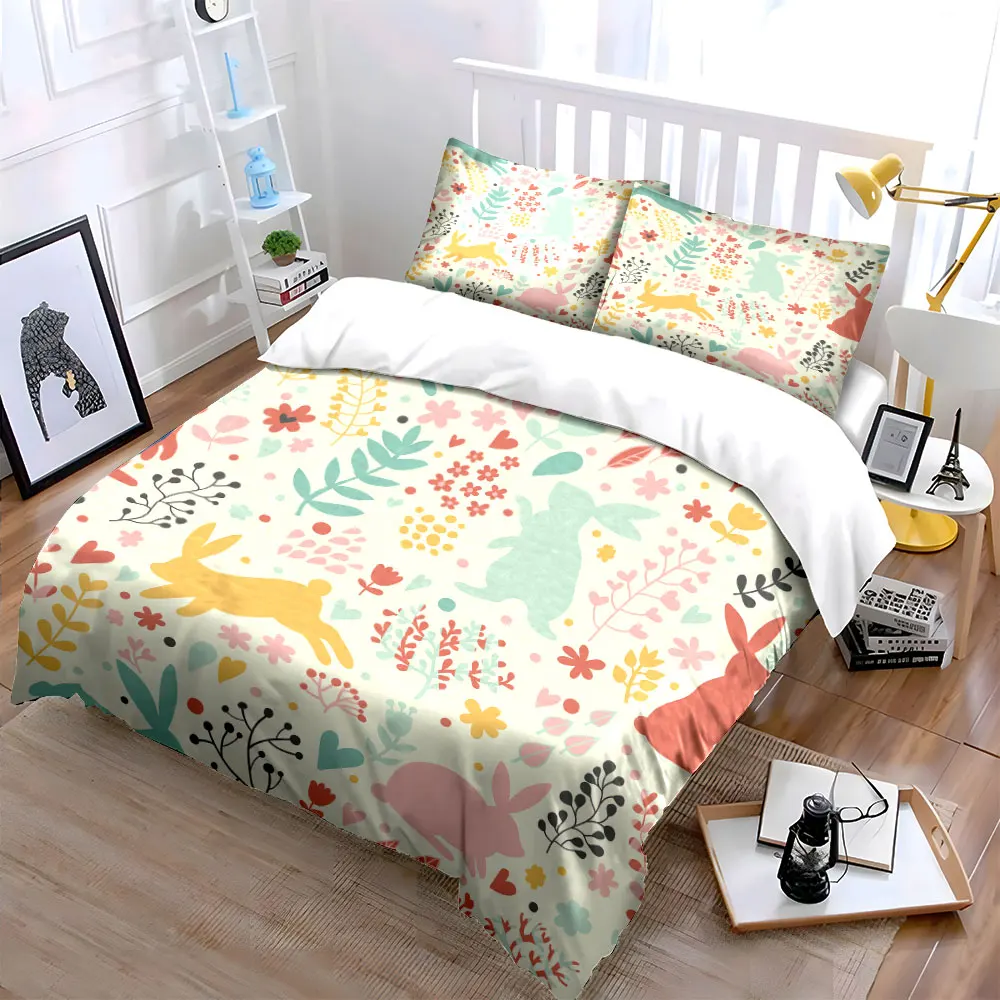 Colorful rabbits and floral patterns Print Bedding Set 1 Duvet Cover 2 Pillowcases for Adult and Children Luxury Gift Full Size