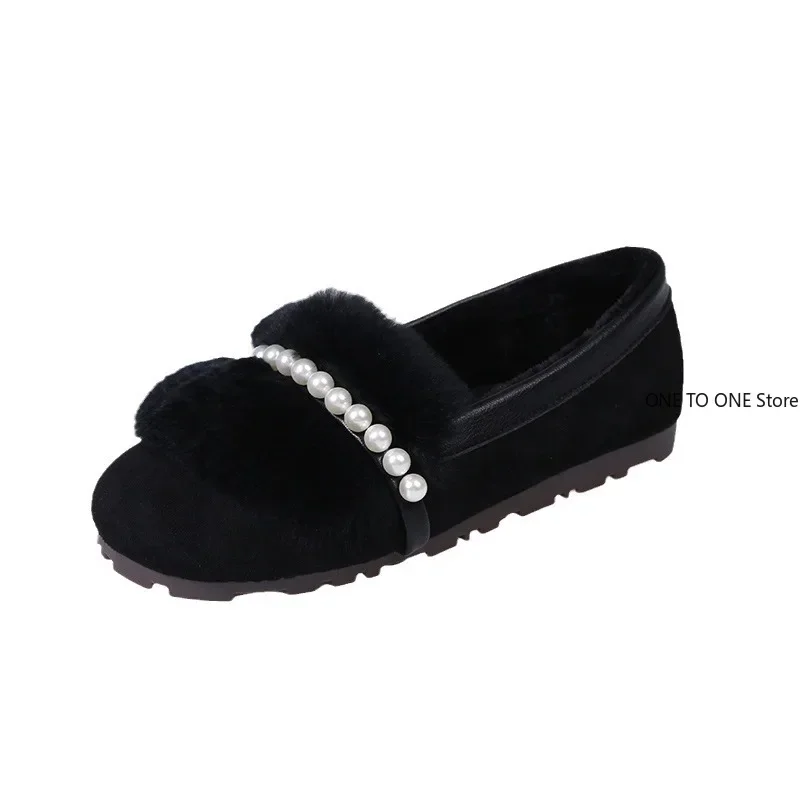 Pearl White Women Fur Round Toe Flats Slip on Shoes for Woman Winter Plush Warm Boots Femme Cotton Loafers Mary Jane Plus Size