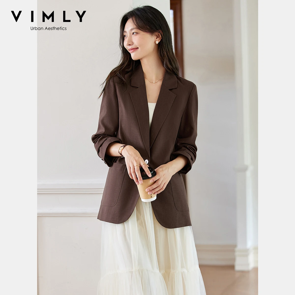 VIMLY 여성용 브라운 텍스처 자켓 코트 가을 2025 캐주얼 오버사이즈 노치드 여성 블레이저 여성 오피스룩 블레이저 여성용 A2193