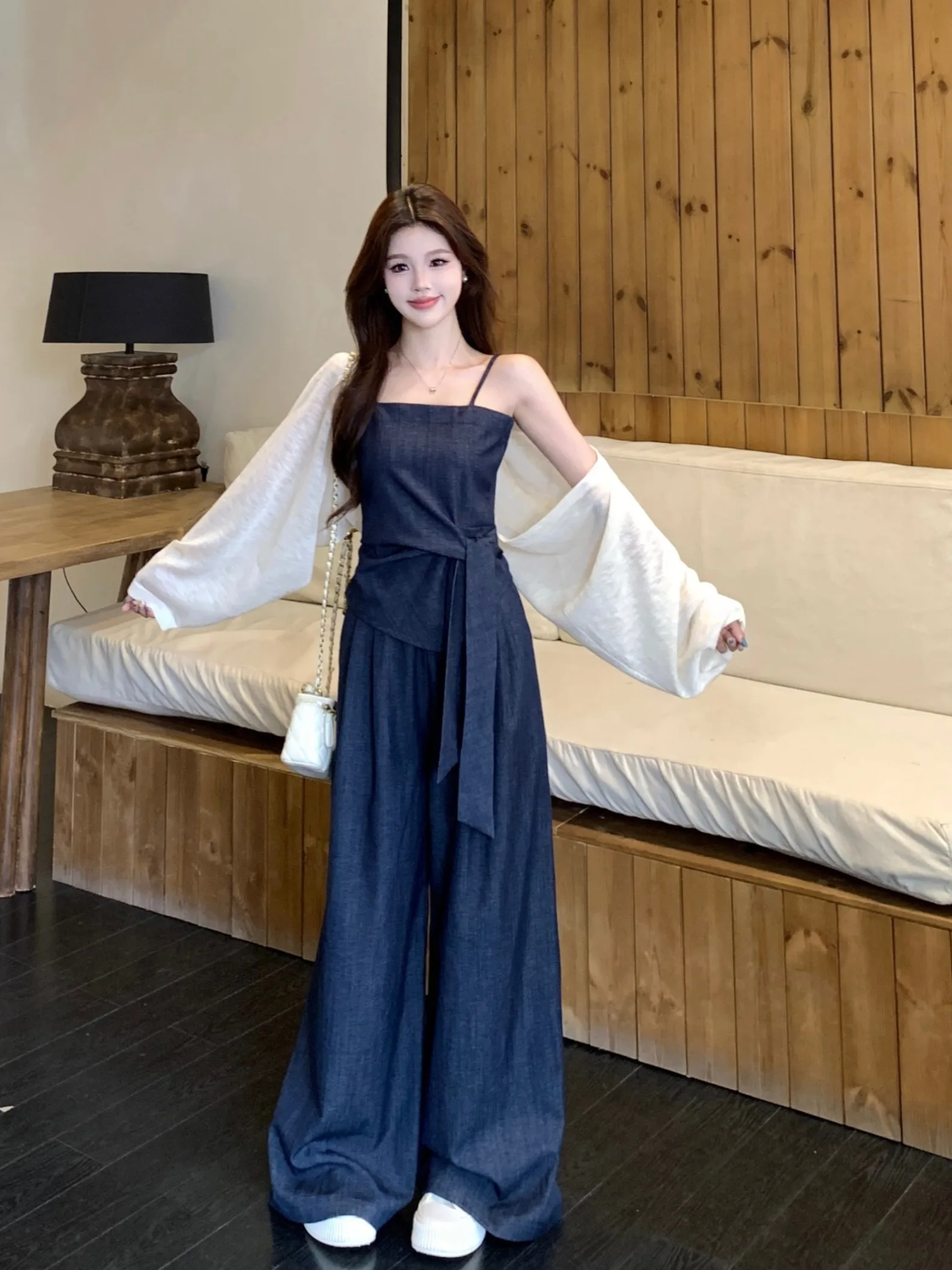 

plus Size Lazy Waist Cinched Denim Halter Top And Bottoms Set Women's Summer High Waist Wide Leg Pants Ensemble
