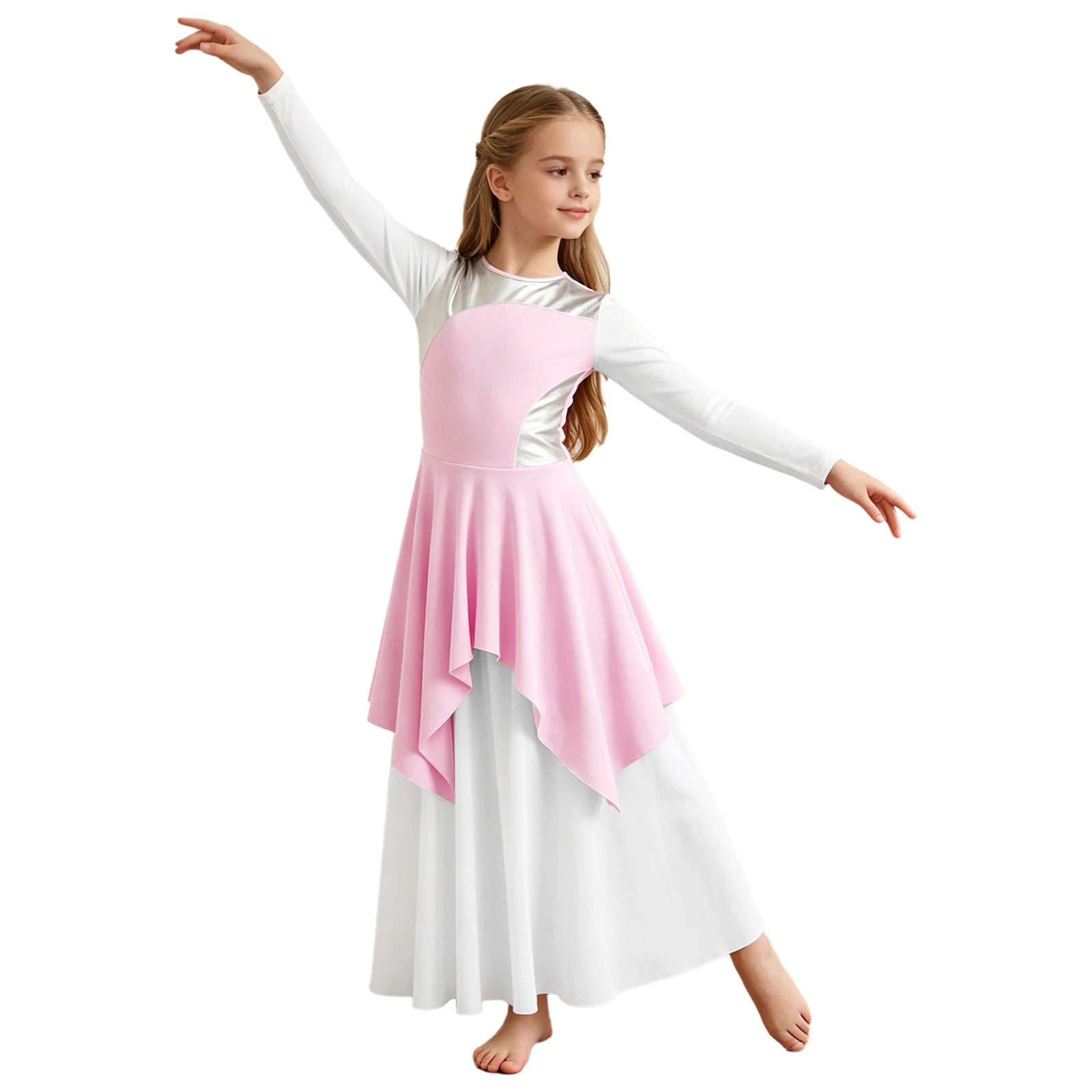 Kids Girls Color Block Praise Dance Dress Liturgical Worship Church Choir Robe Long Sleeve Metallic Tunic Robe Lyrical Dancewear