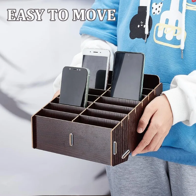 14 Compartment Detachable Wooden Mobile Phone Storage Box Coconut Brown Mobile Phone Storage Box Multi-Compartment Organizer