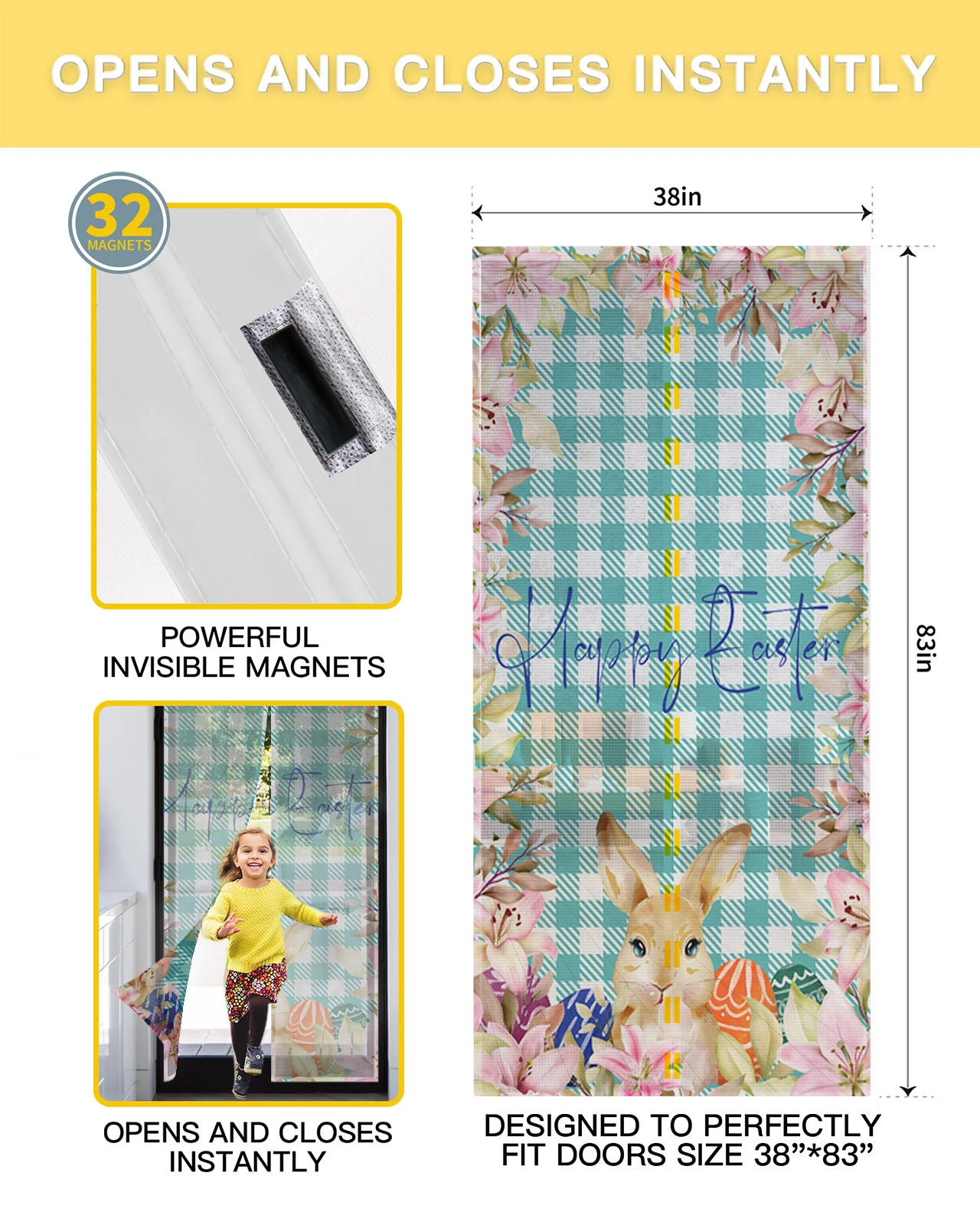 Easter Egg Rabbit Flower Hand-Painted Kitchen Curtain Magnetic Mosquito Net Curtains Summer Bedroom Anti Insect Door Curtain