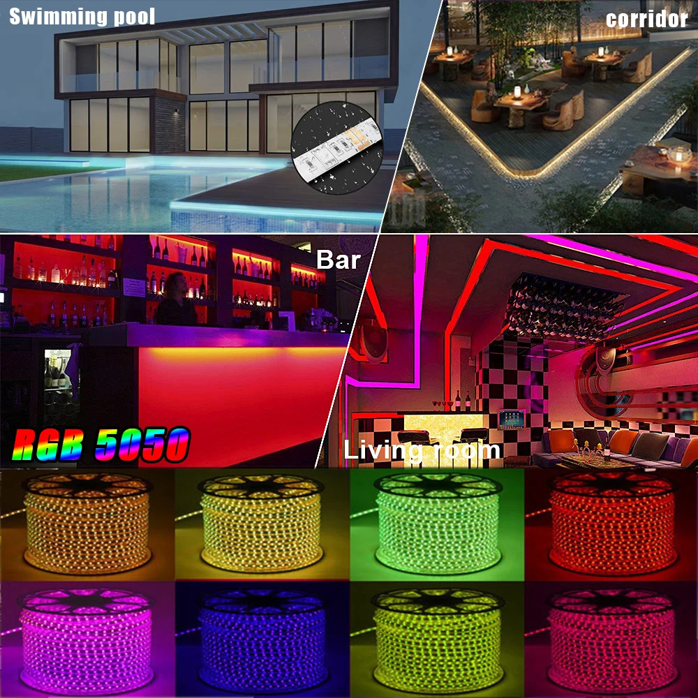 100M luces led strip 220v Outdoor garden led strips 220 V RGB 5050 IP67 Waterproof For christmas indoor ceiling With white light