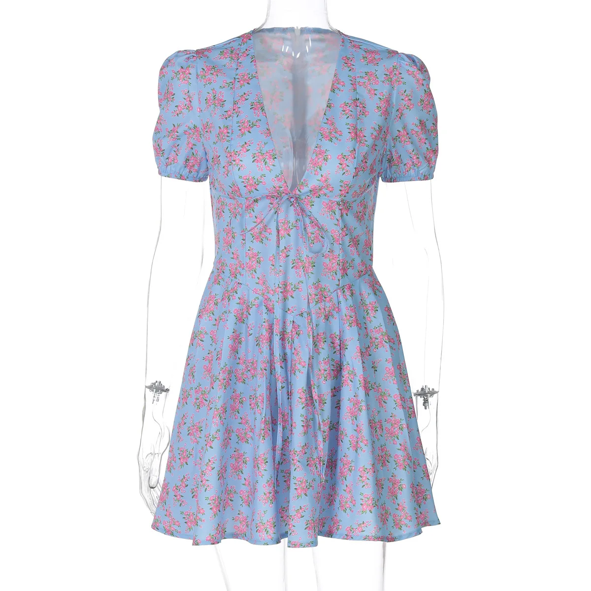 เดรสสั้นพิมพ์ลายดอกไม้ คอวี แขนสั้น ผูกเชือก ซิปหน้า ทรงเข้ารูป จีบระบาย  ชุดฤดูร้อน  ชุดออกงาน  ชุดเที่ยวพักผ่อน  ปี 2025