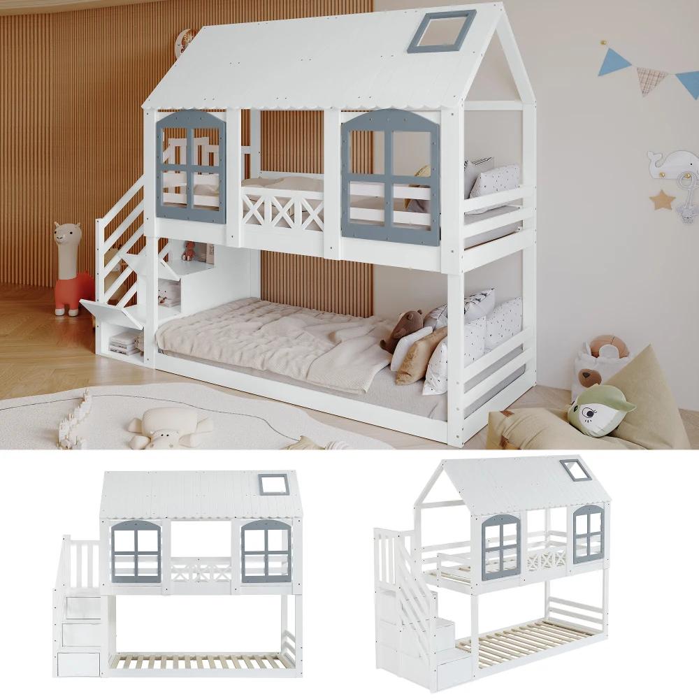 PINGGO Weißgraues Etagenbett 90x200cm mit Dachfenster, Leiter, Fallschirmgitter und 3 Staufächern aus Kiefern-MDF, ohne Matratze – Detail 8