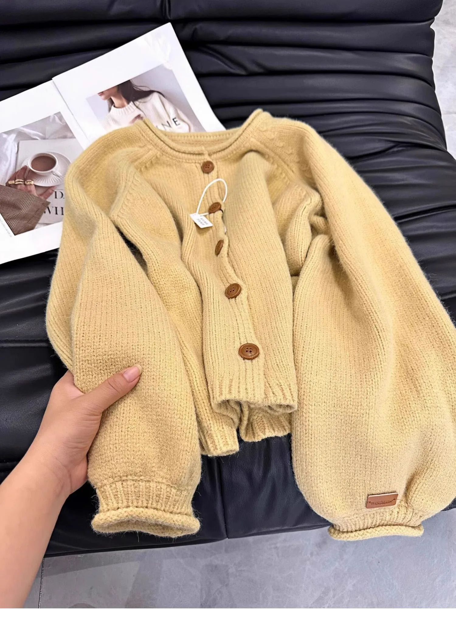 Elegant Yellow Knitted Sweater Cardigan Soft Loose Single Breasted Jacket Women's Autumn Winter Long Sleeve Round Neck Top