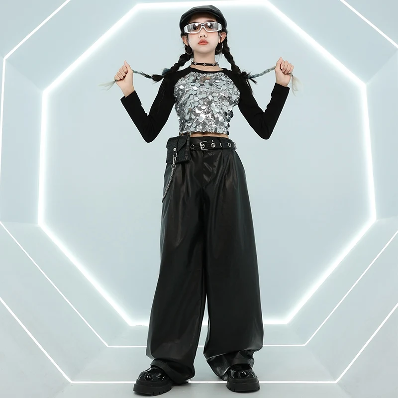 Modern Jazz Dance Costume Girls Sequin Long Sleeves Tops Black Pants For Kids Street Dance Hip Hop Clothing Stage Wear BL13780