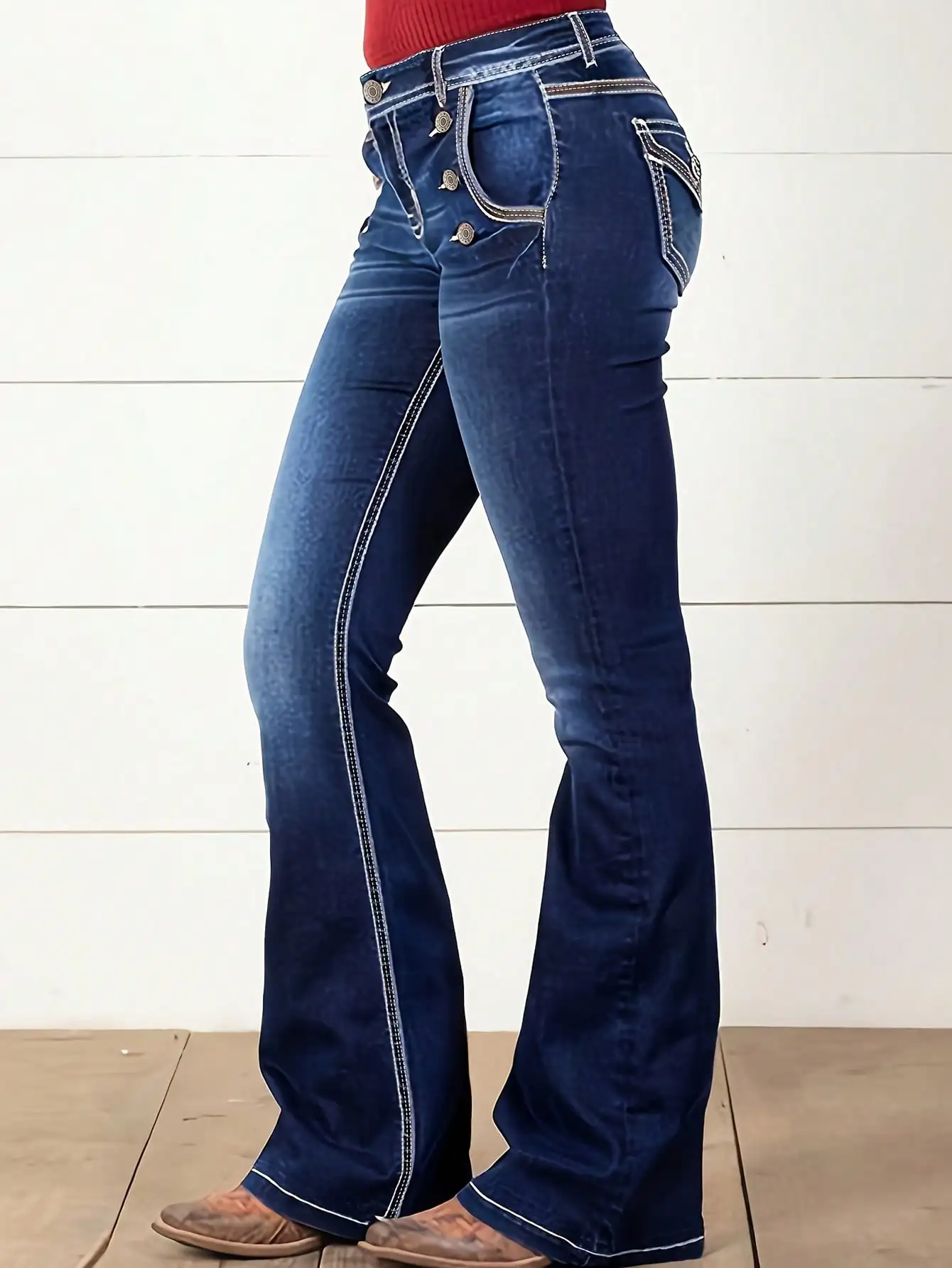WGXWGX Women's High  Waisted Flare Jeans 2025 Trendy Embellished Button  Stretch Denim Contrast Stitch Full  Length Pants