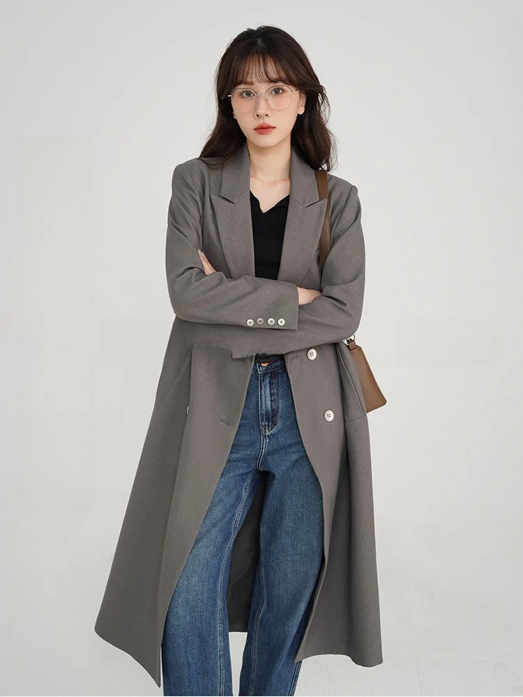 

Ay костюм Sle ветровка женская ранняя осень Ele свободное повседневное пальто небольшого размера средней длины с запахом