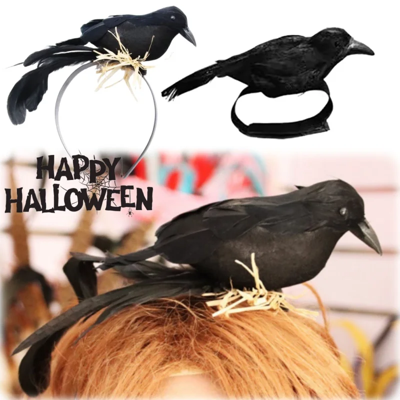 Halloween Exaggerated Forest Style Crow Headband Creative Feather Black Raven Hair Accessory For Spooky Party Costume