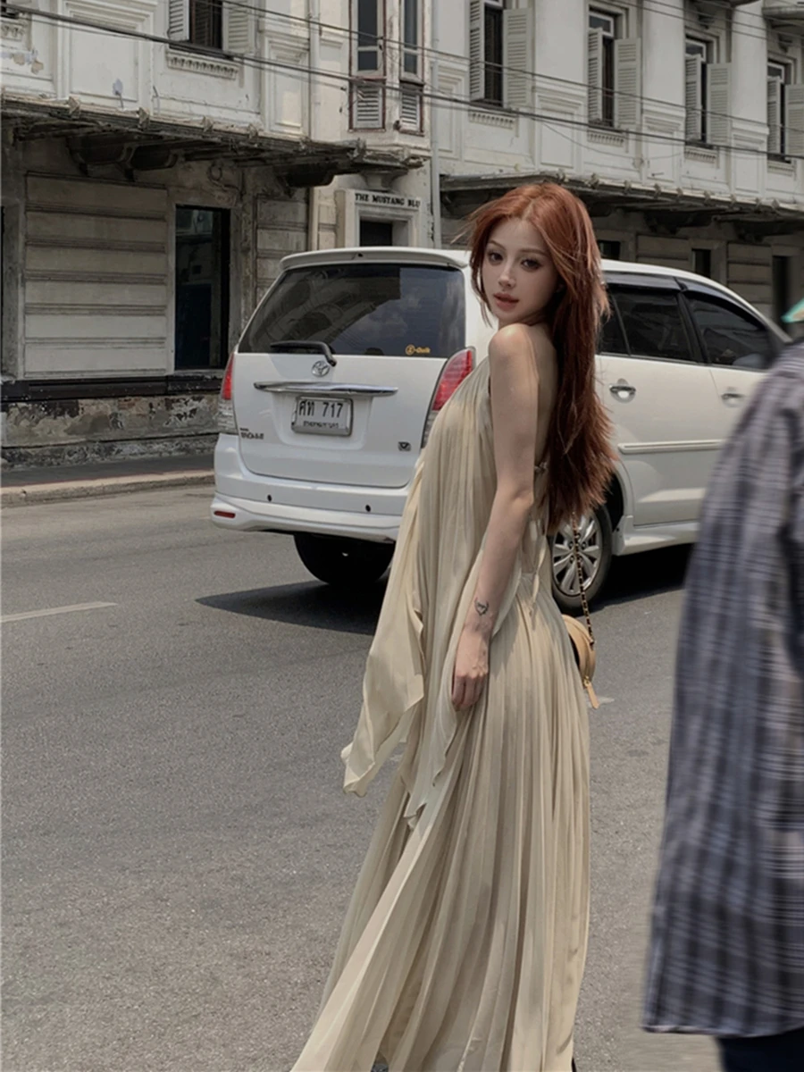 

Fashionable Two-Piece Set Backless Asymmetrical Neckline Vest Women Summer Holiday Style A-Line Dress Casual Outfit