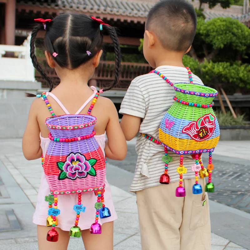 New Special Children's Small Basket Three-Color Stitching Backpack Wind Chimes Baby Back Baskets