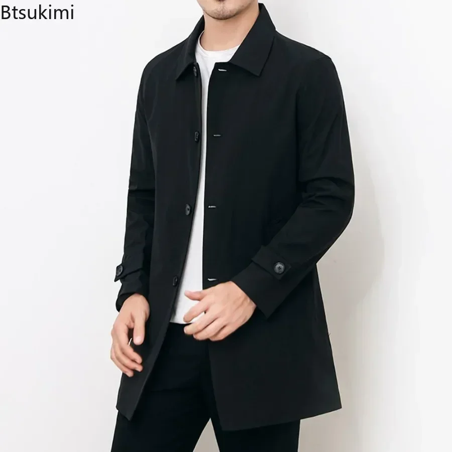 2025Men's Brand Trench Coats Business Casual Solid Color Mid-length Jackets Fashion Lapel Windbreaker Coats Male Outerwear Coats