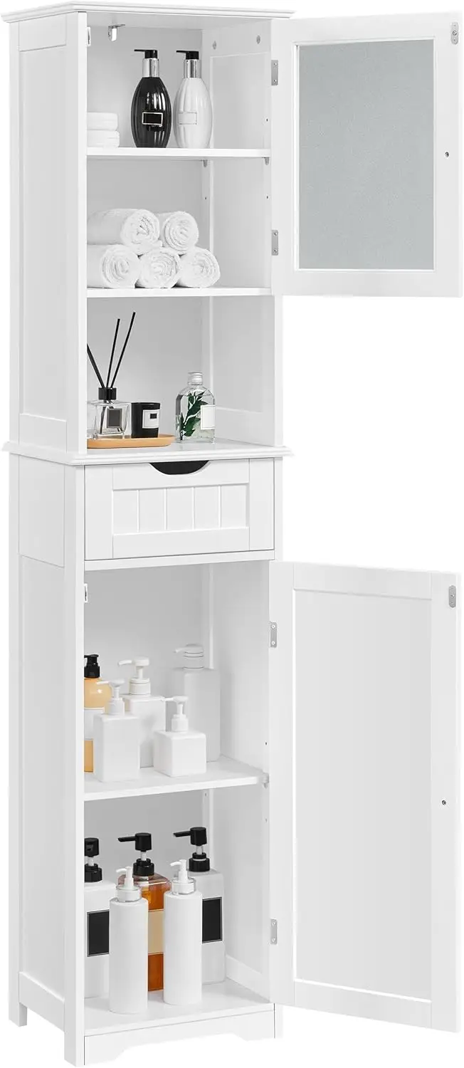 Tall Bathroom Storage Cabinet 67″, Wooden Floor Cabinet with Glass Door, Freestanding Storage Organizer with Adjustable Shelves,