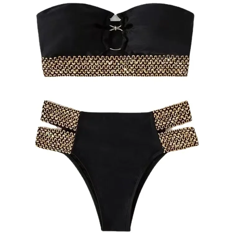 Biquíni preto feminino 2023 sexy maiô feminino cintura alta 2 peça de banho sólido natação bandeau maiô beachwear biquini