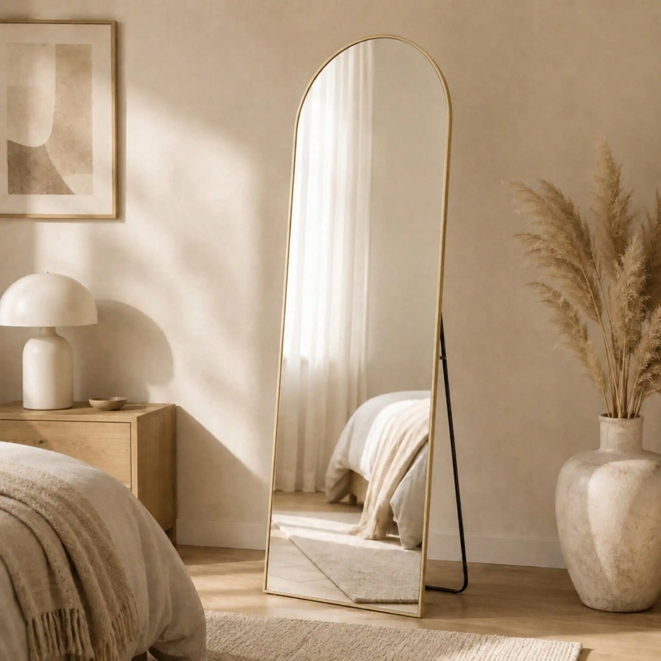 56 X 15 Inch Arched Full Length Mirror, Freestanding Full Body Floor Mirror With Aluminum Alloy Frame, Modern Bedroom Mirror