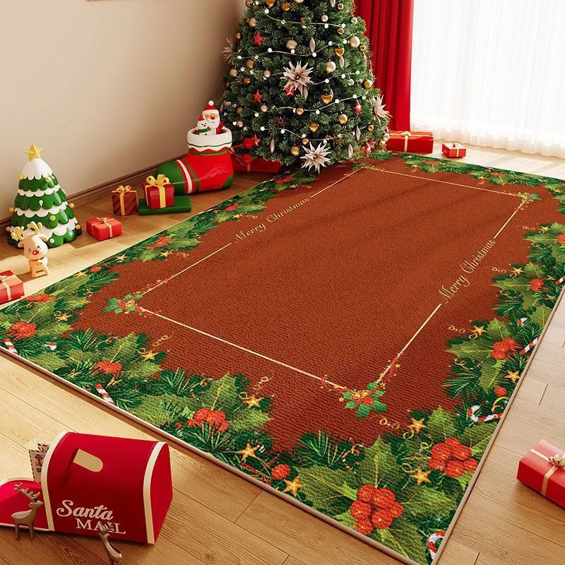 VIKAMA Christmas Area Rug Red Green Holly Berry Border Merry Christmas Non Slip Living Room Carpet Xmas Holiday Floor Mat