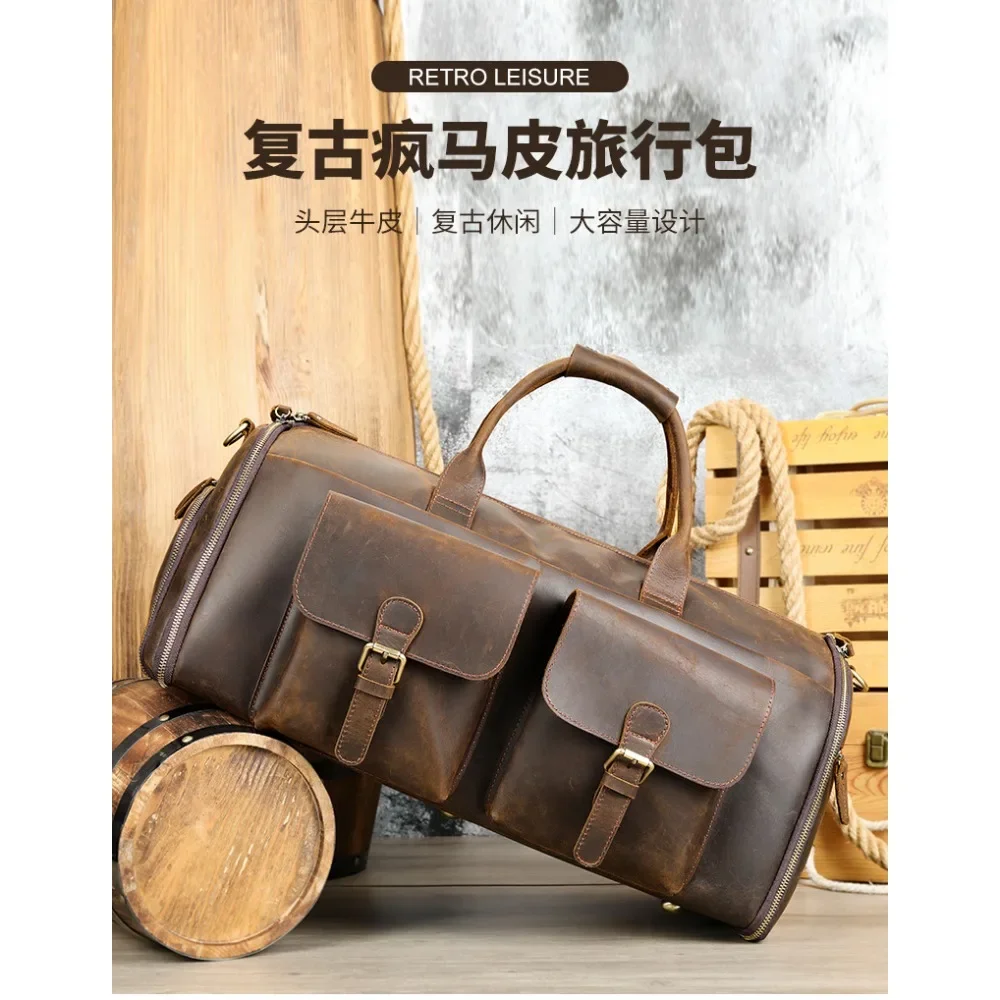 Retro Crazy Horse Leather Travel Bag, High Quality Travel Bag, Portable Short Distance Business Trip Multi functional Suit Bag